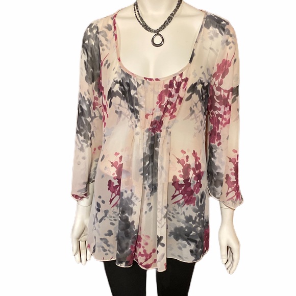 Studio Y Tops - STUDIO Y Sheer Pink Black Floral Long Sleeve Top L